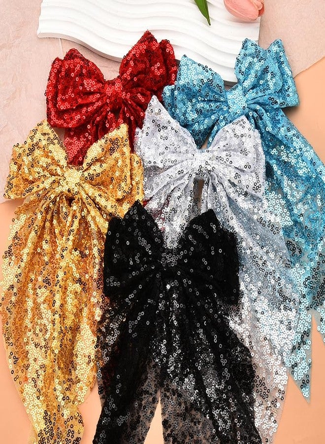 Kefley Gold Hair Bow Clips Barrettes Big Sequin Cheer Hair Bows with Long Tail Bowknot Hair Clips Ponytail Holders for Women Girls Ball Cheerleader Hair Accessories for Ball Party - Image 5